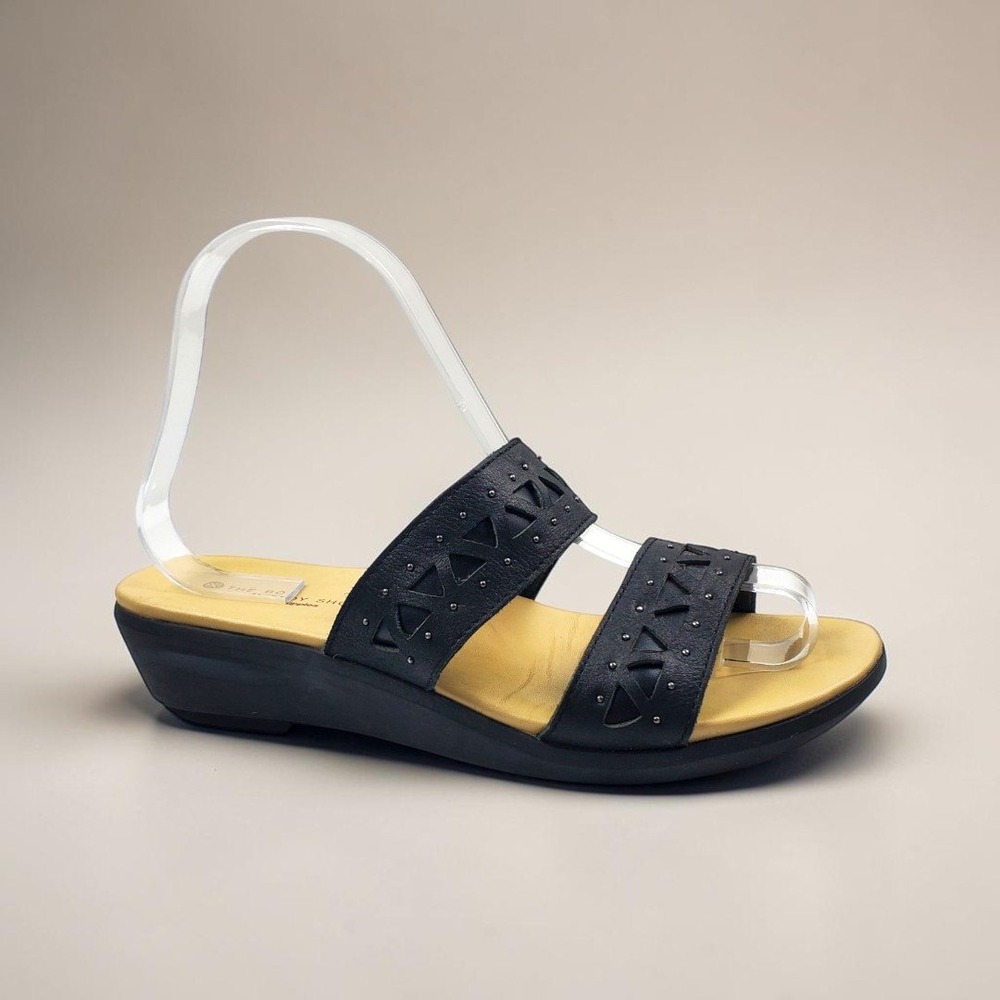 Hush Puppies Womens Lyricale 2 Band Black Leather Laser Cut Wedge Sandals Size 7
